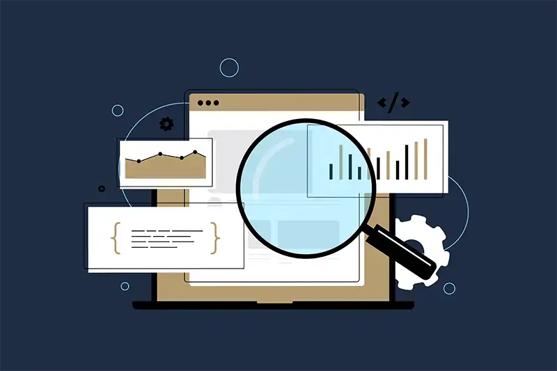Laptop with browsers and magnifying glass